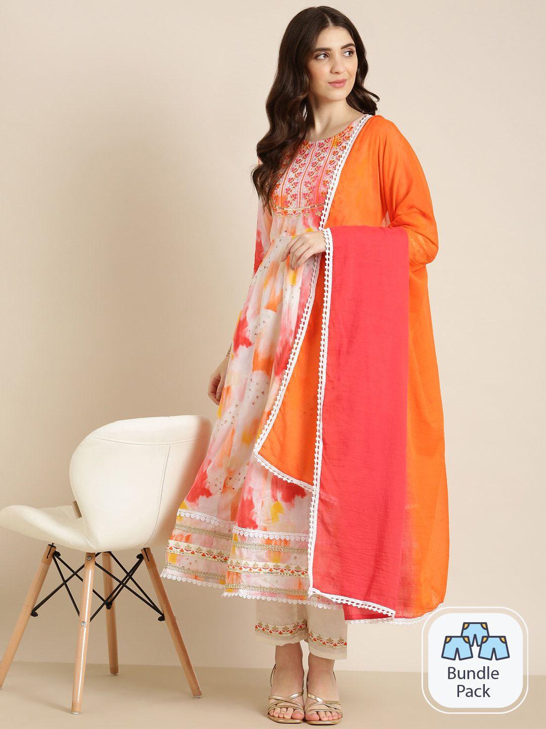 showoff abstract printed sequinned detailed anarkali kurta & trousers with dupatta