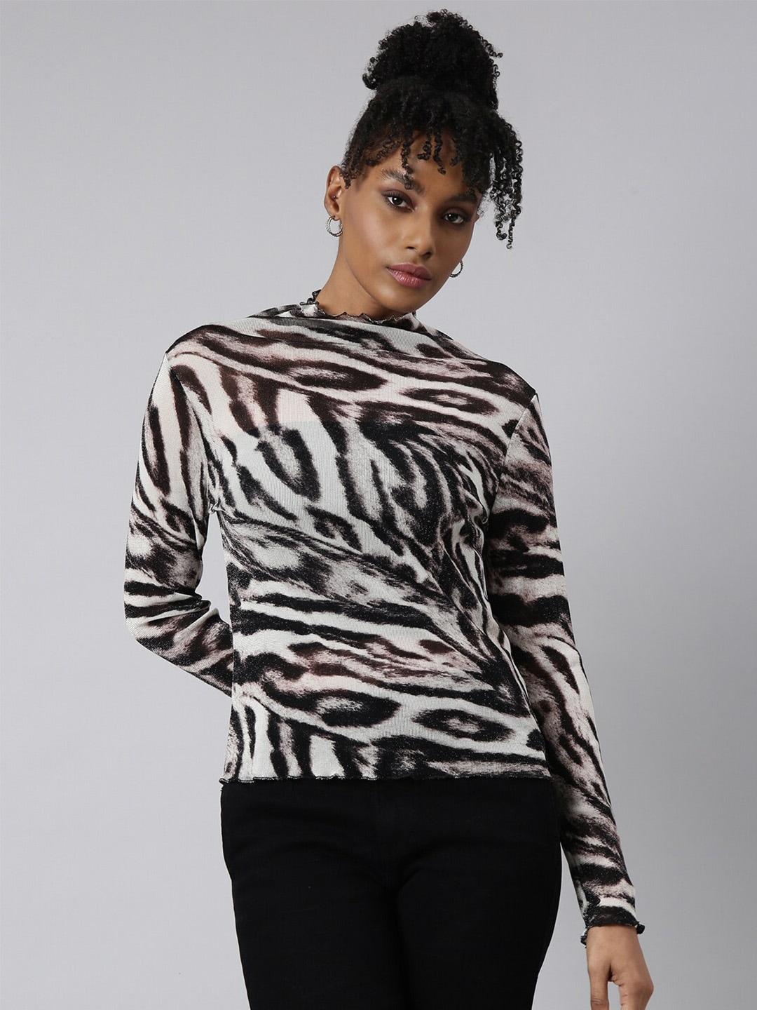showoff animal printed high neck fitted top