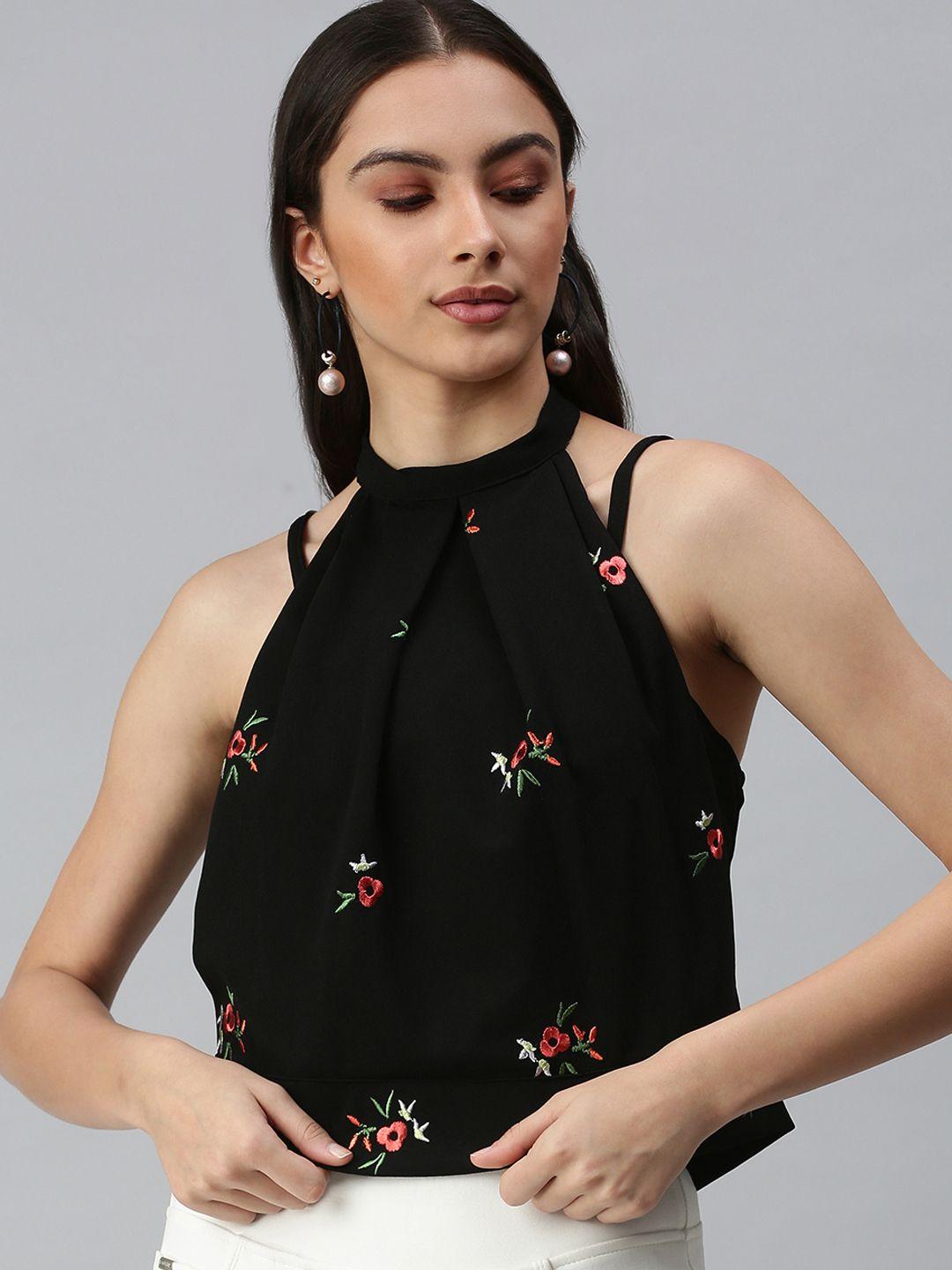 showoff black embroidered halter neck top