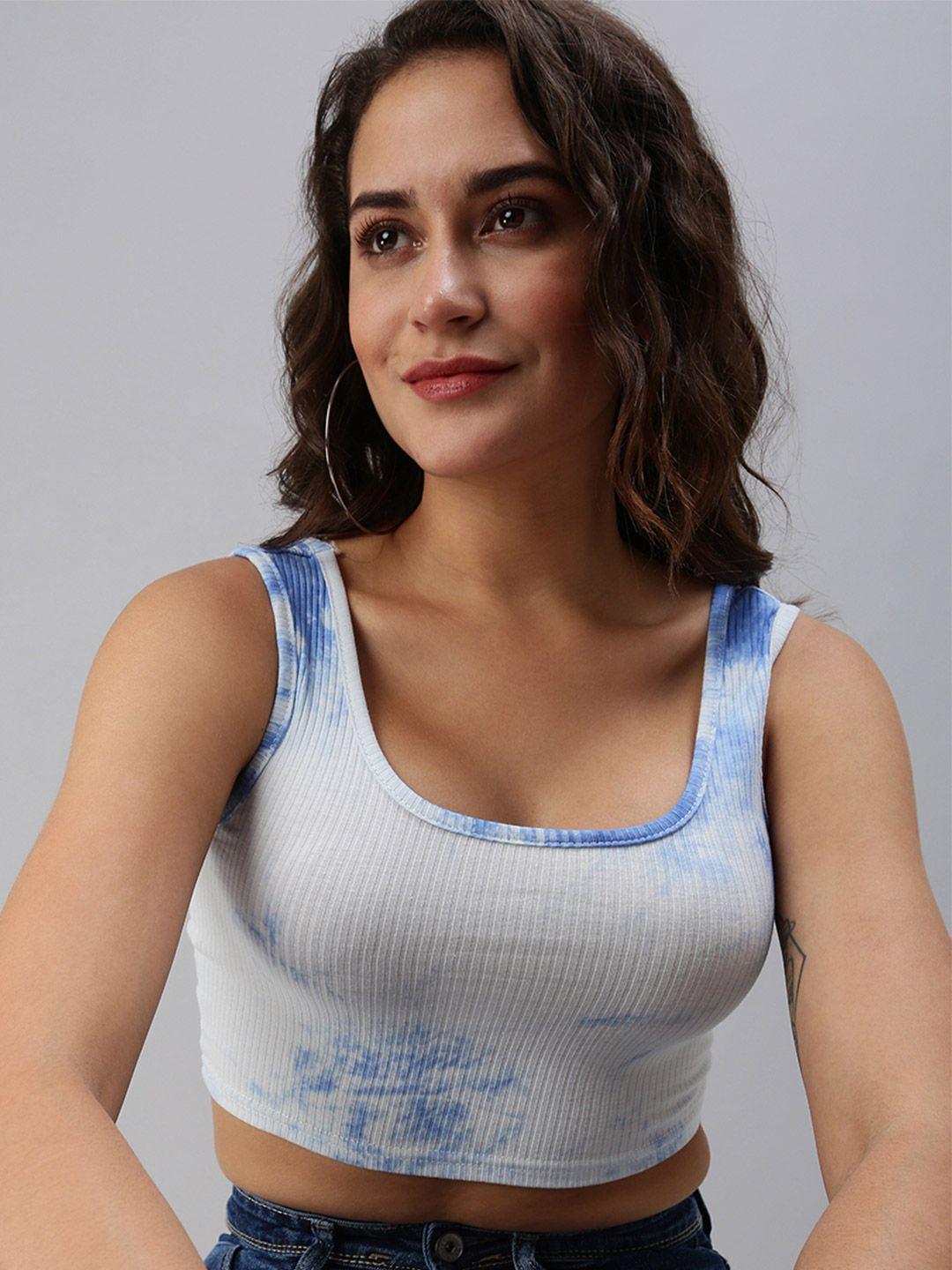 showoff blue & white tie and dye print  scoop neck crop top
