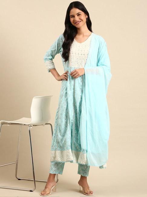 showoff blue cotton embroidered kurta pant set with dupatta
