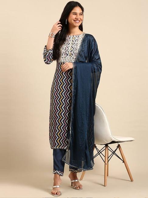 showoff blue cotton printed kurta pant set with dupatta