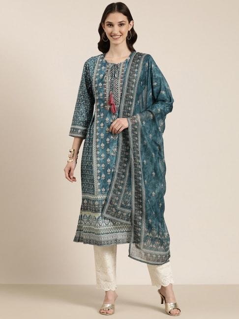 showoff blue embellished kurta with pants & dupatta