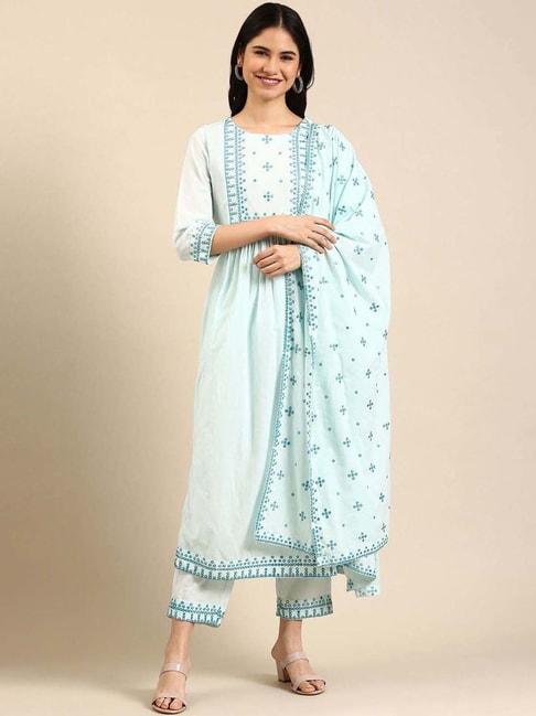 showoff blue embroidered kurta pant set with dupatta