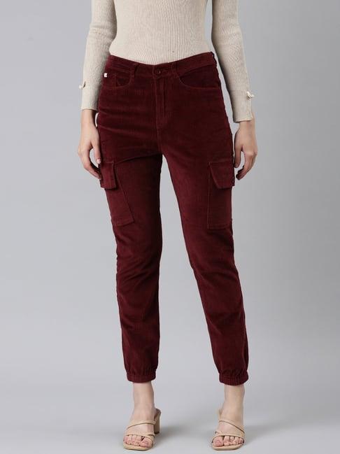 showoff burgundy cotton slim fit mid rise joggers