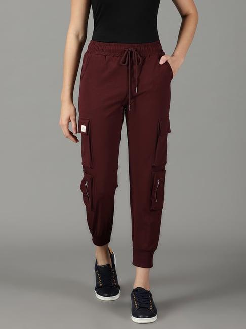 showoff burgundy polyester mid rise joggers