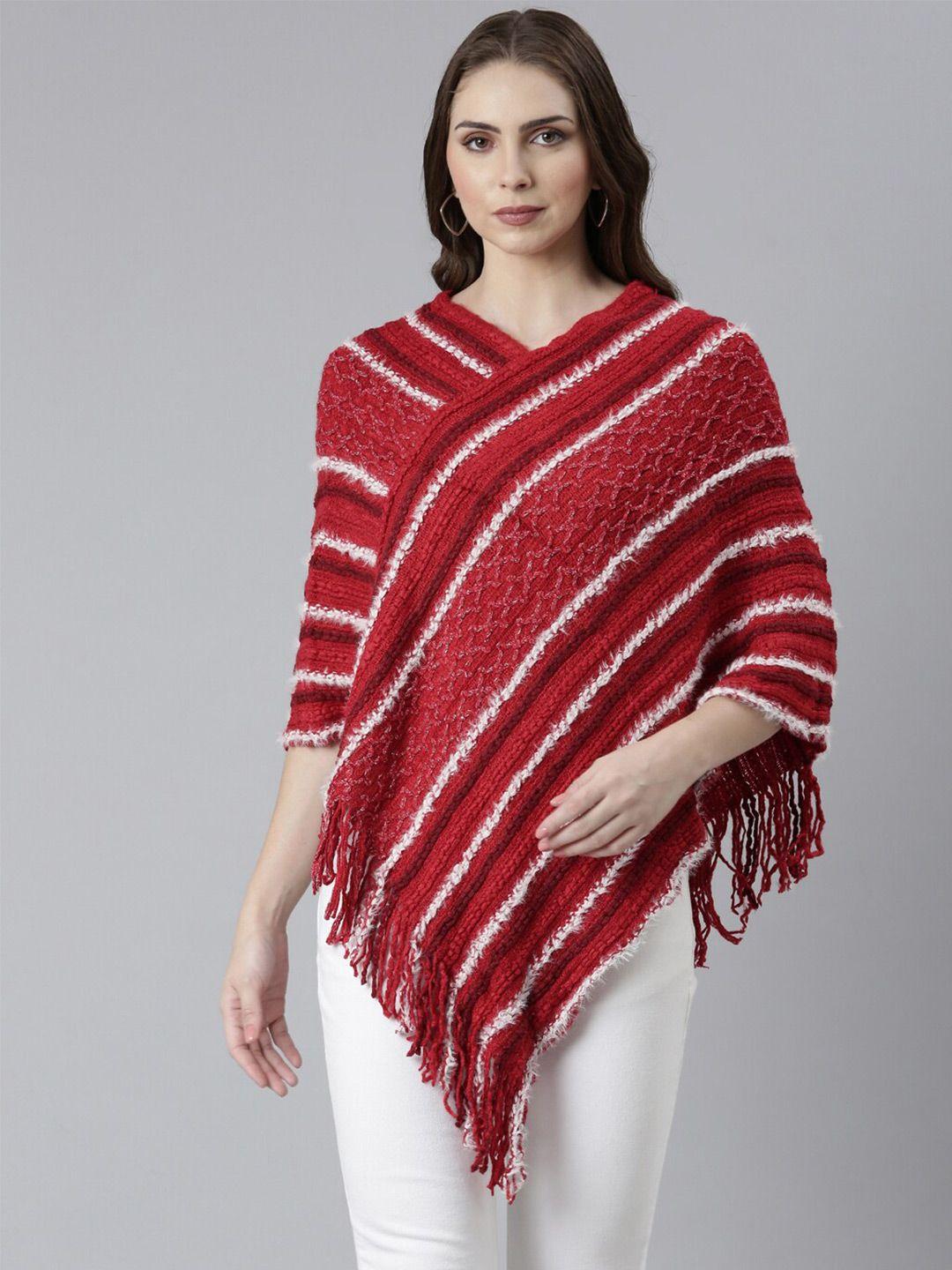 showoff cable knit striped poncho with fringed detail