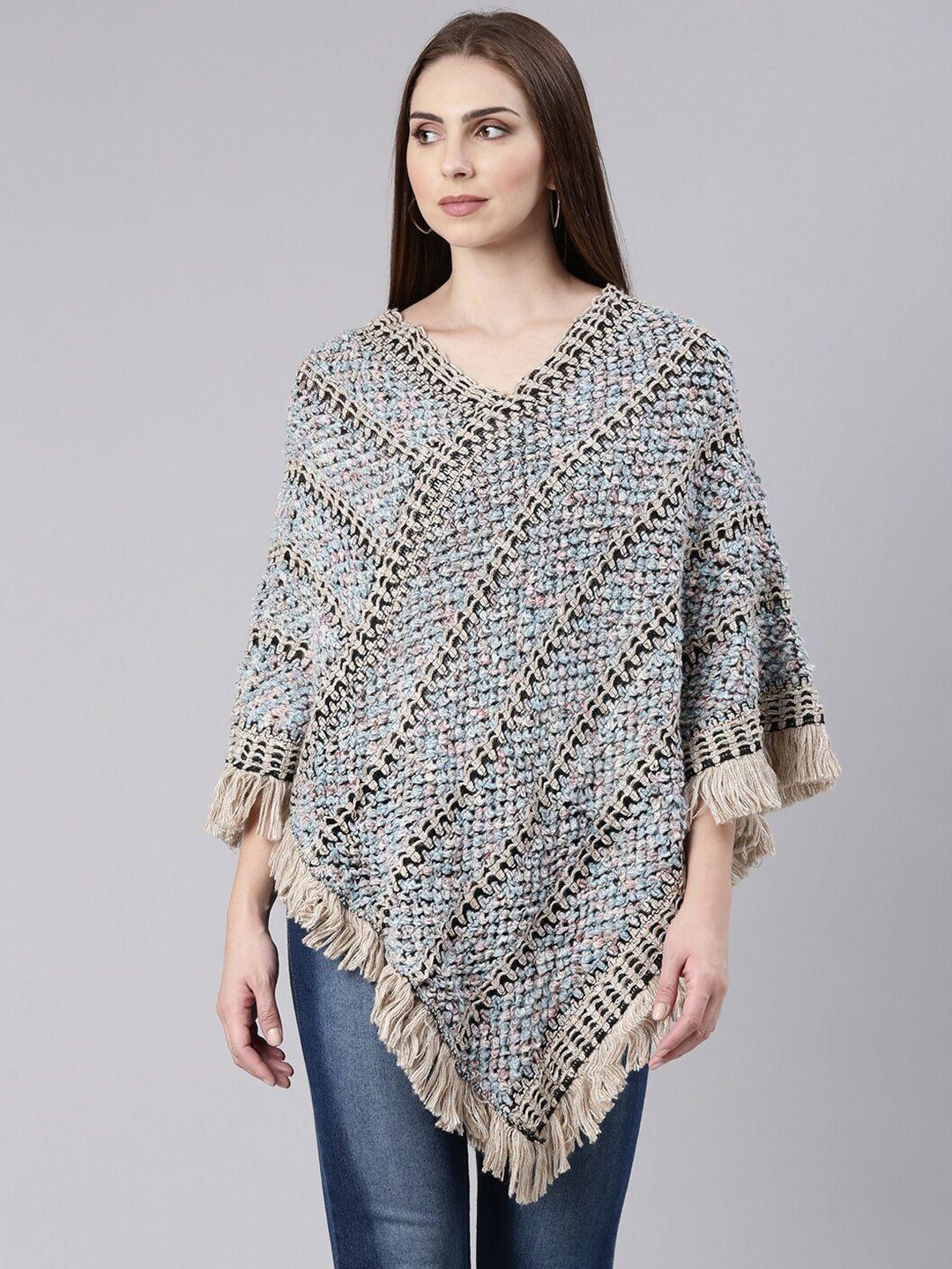 showoff cable knit v-neck three-quarter sleeves fringed detail acrylic poncho