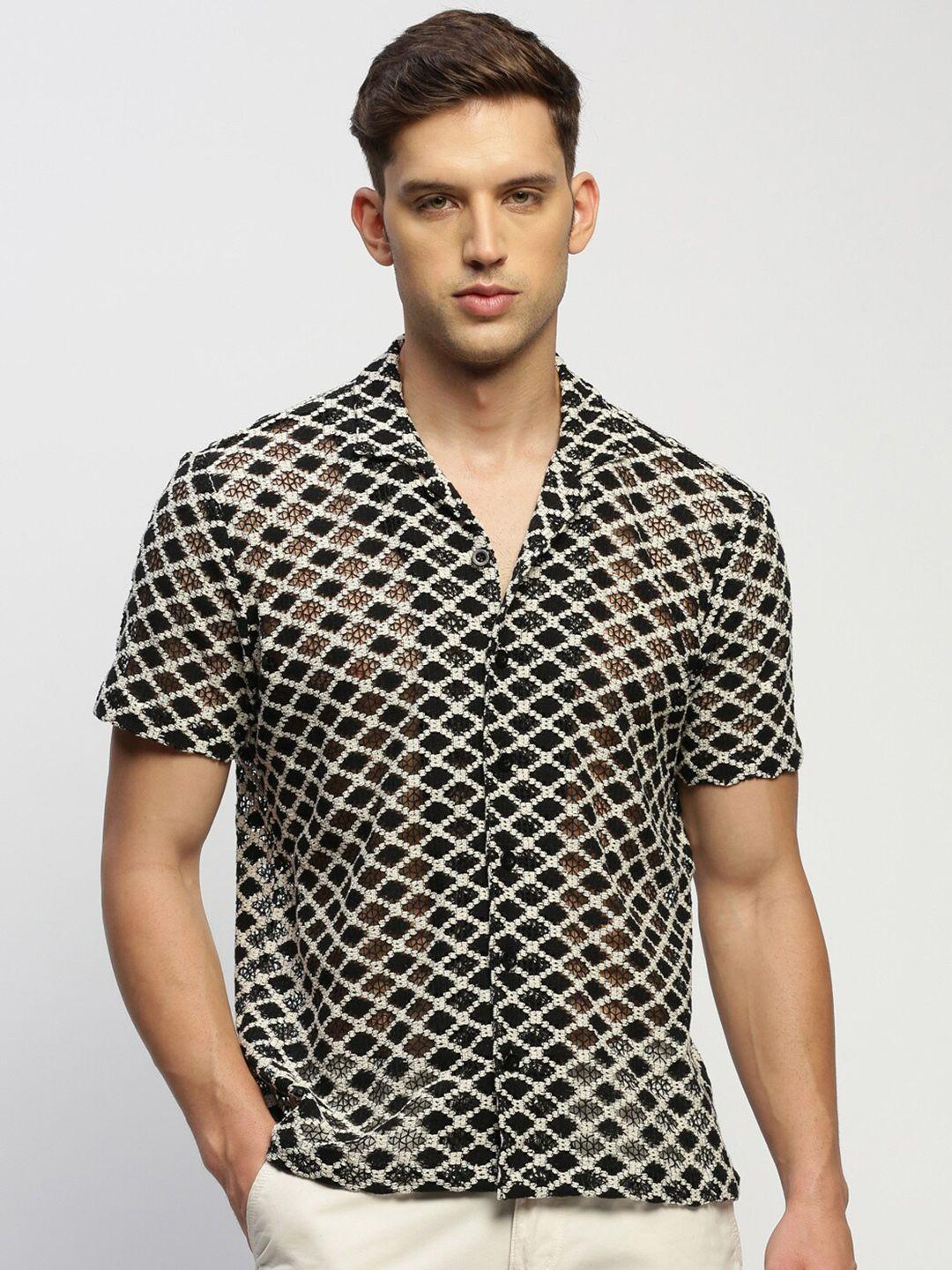 showoff comfort geometric printed slim fit cotton crochet casual shirt