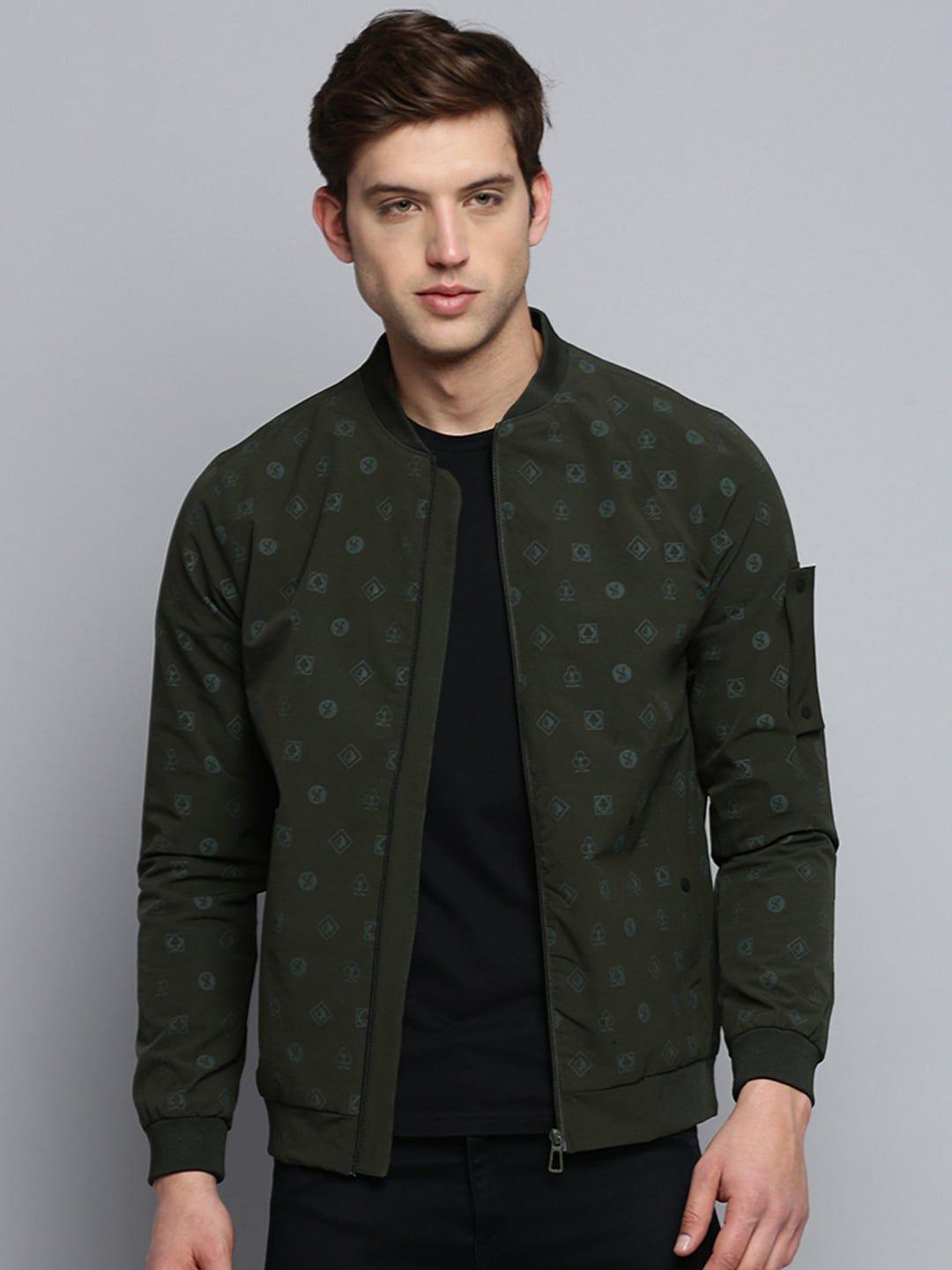 showoff conversational printed henley collar water resistant bomber jacket