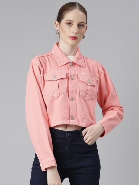 showoff coral relaxed fit crop denim jacket