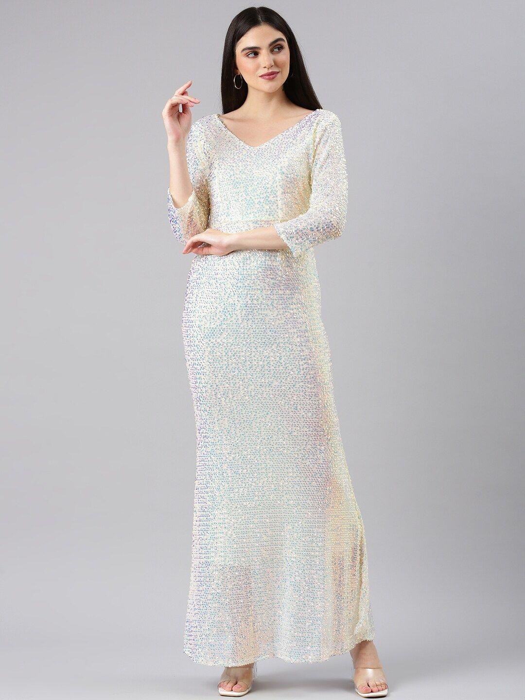 showoff embellished v-neck sequined net maxi dress