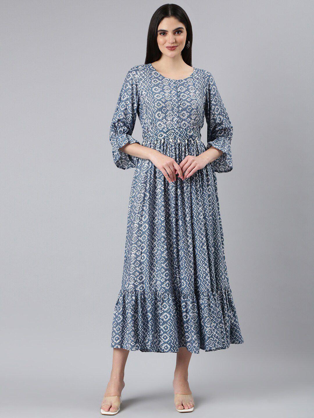 showoff ethnic motifs printed cotton fit & flare dress