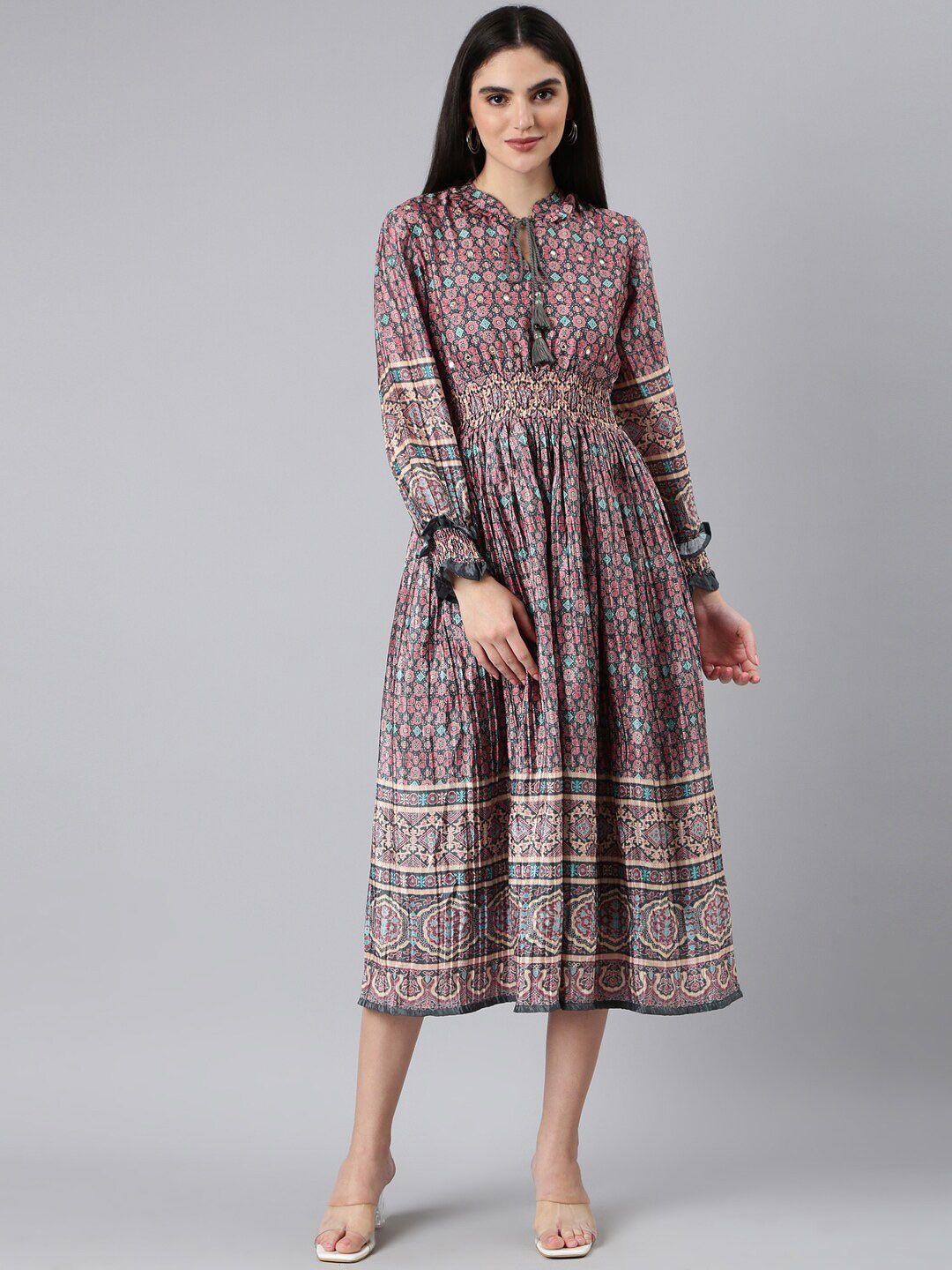 showoff ethnic motifs printed cuff sleeve tie-up neck smocked fit and flare midi dress