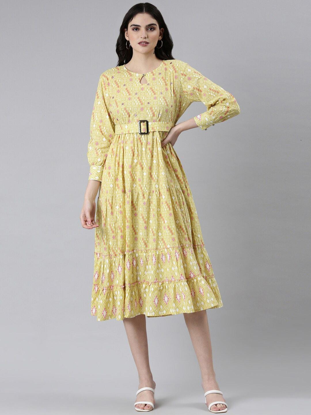 showoff ethnic motifs printed keyhole neck tiered cotton fit & flare dress with belt
