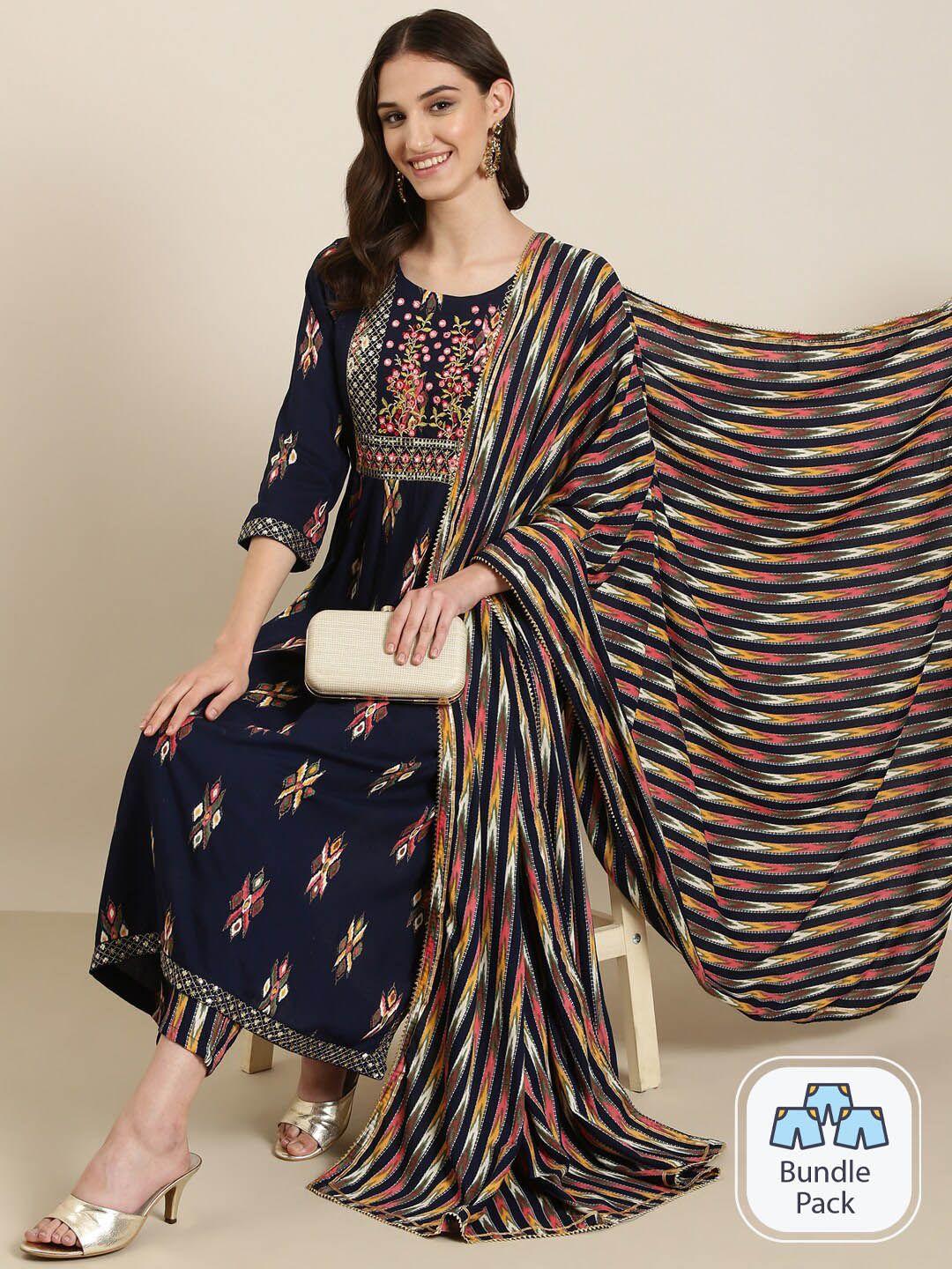 showoff ethnic motifs printed sequinned high slit kurta with trousers & dupatta