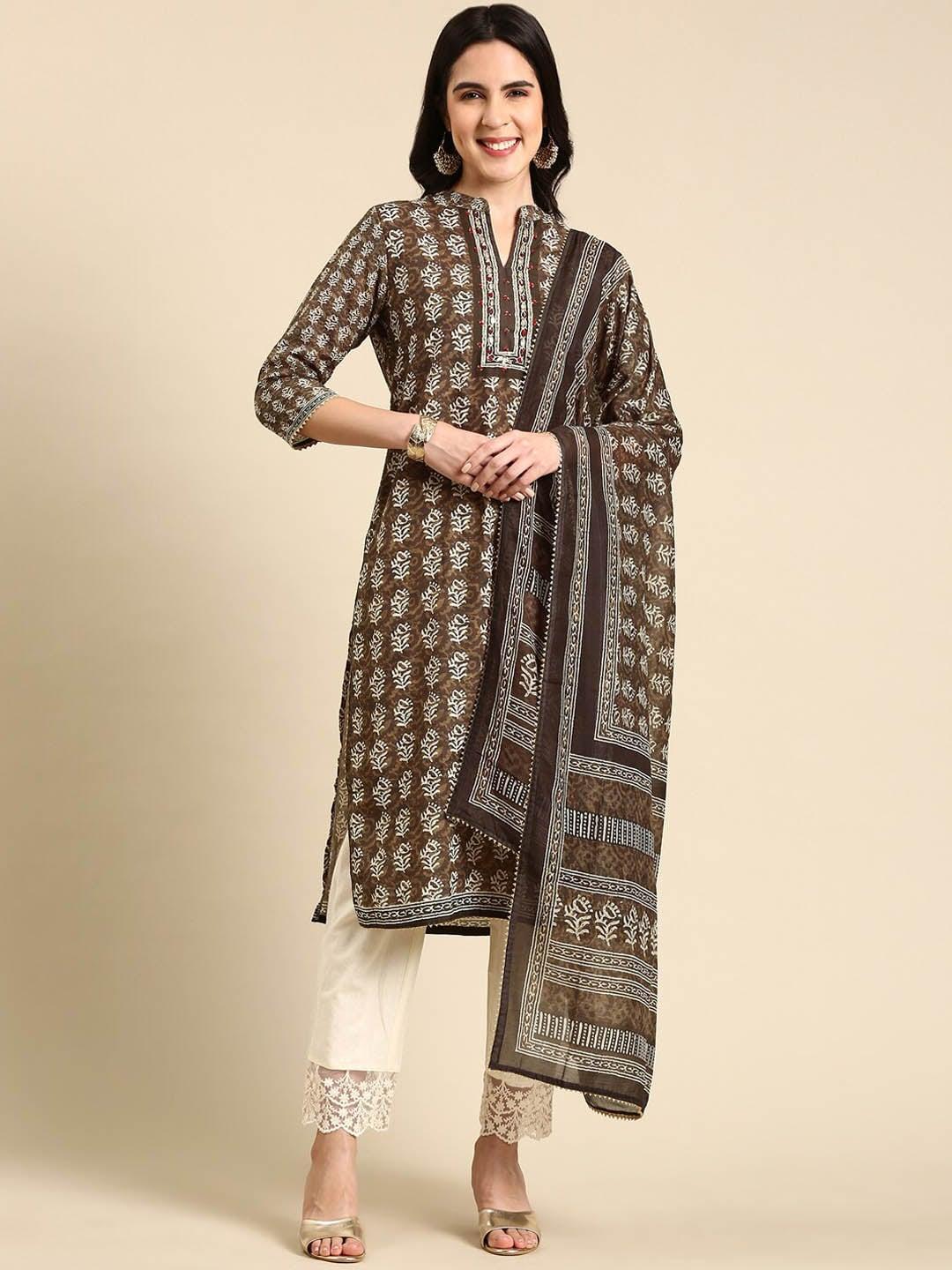 showoff ethnic motifs printed thread work sequined kurta with trousers & dupatta