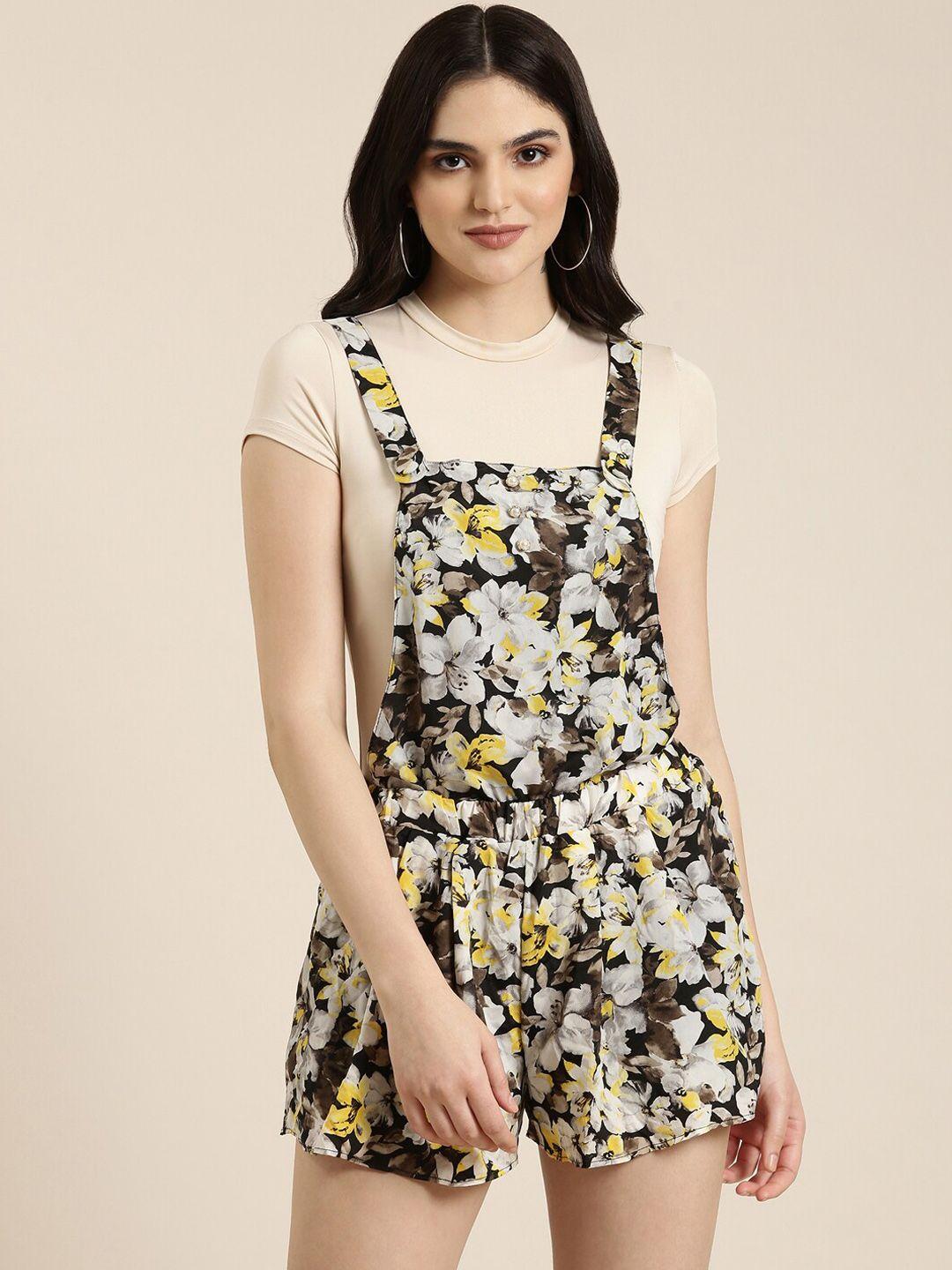 showoff floral printed above knee-length cotton dungarees