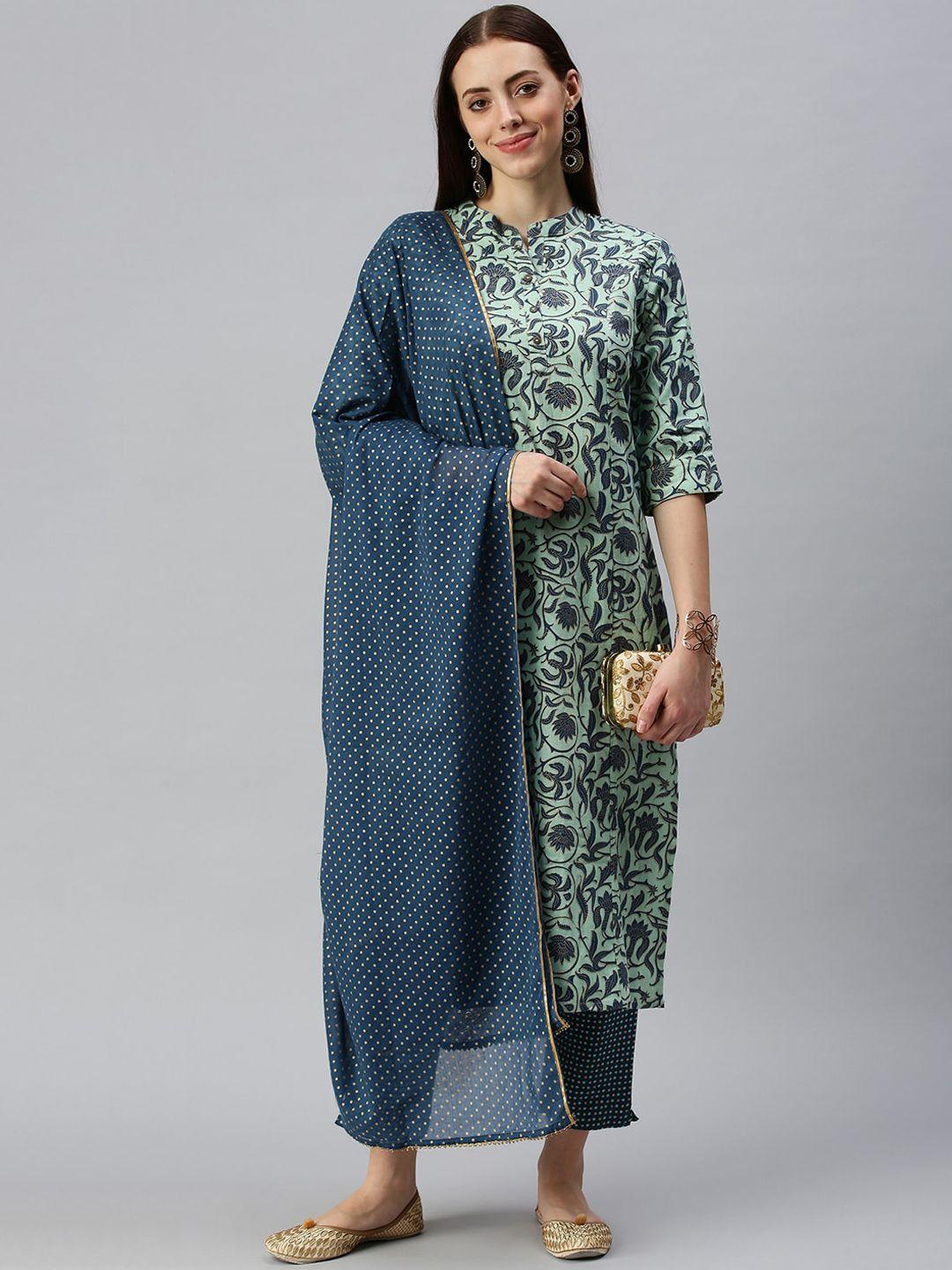 showoff floral printed band neck sequined kurta with trousers & dupatta