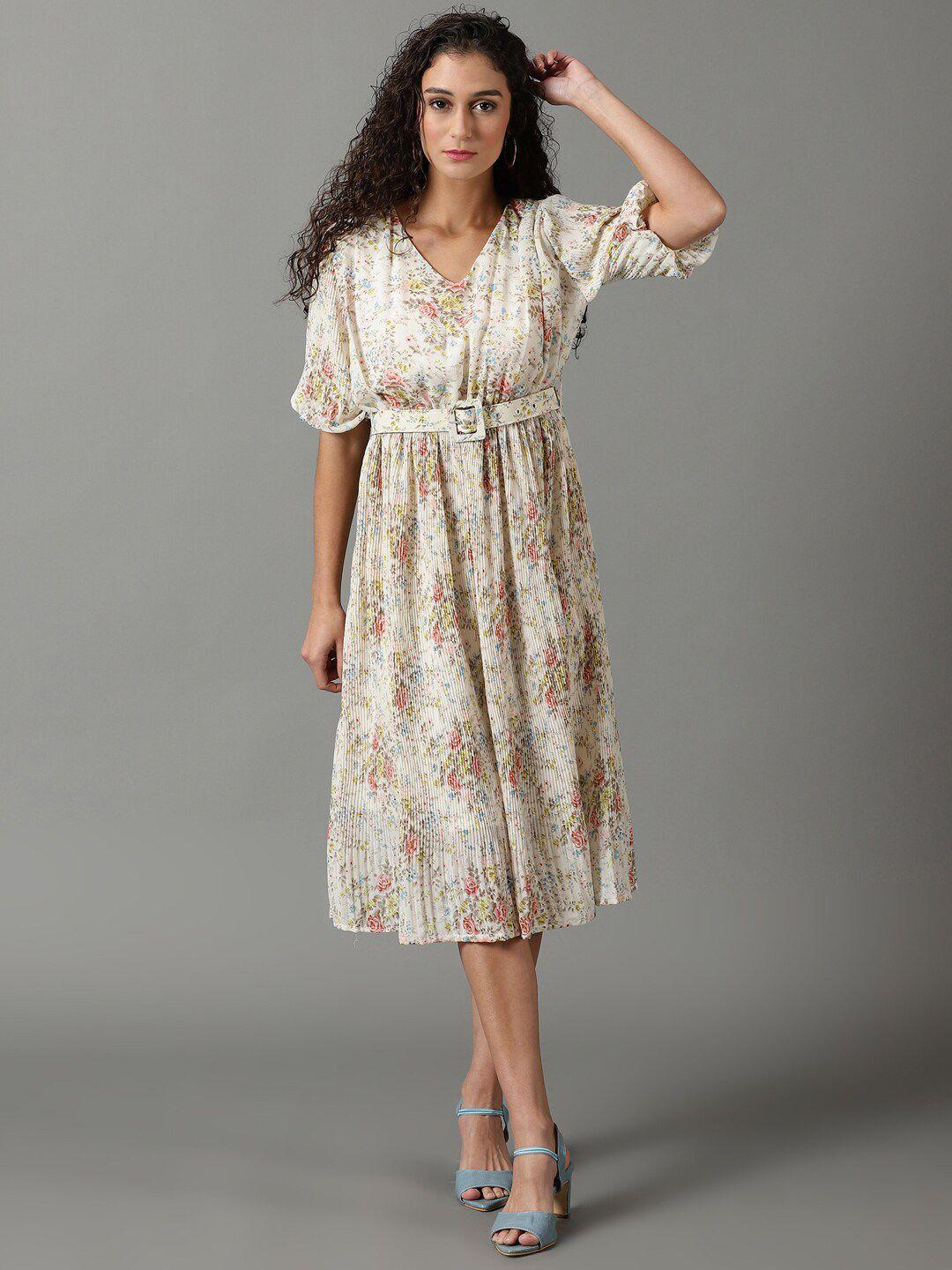 showoff floral printed flared sleeves accordion pleats fit & flare midi dress with belt