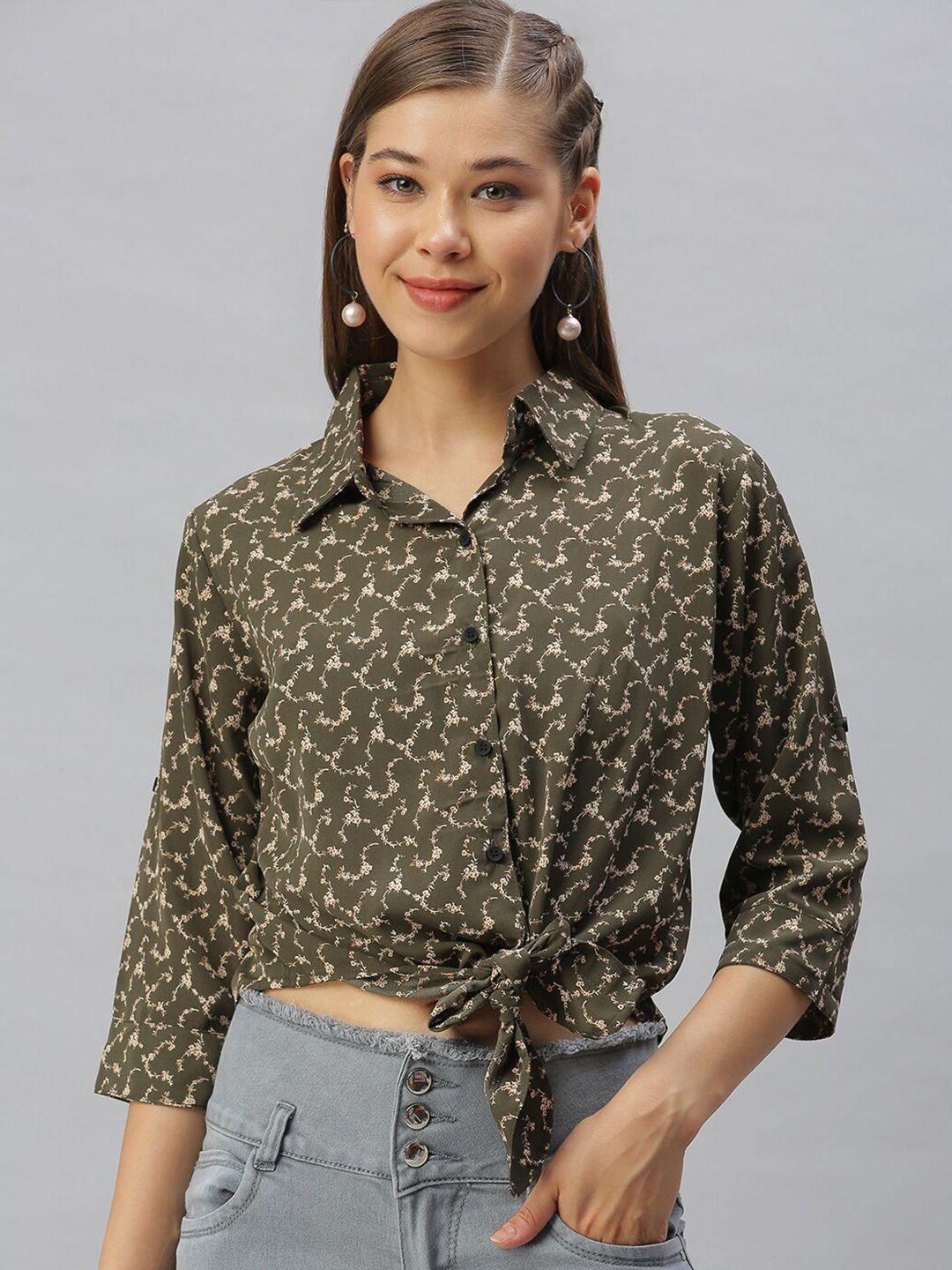 showoff floral printed shirt collar waist tie-ups georgette shirt style top