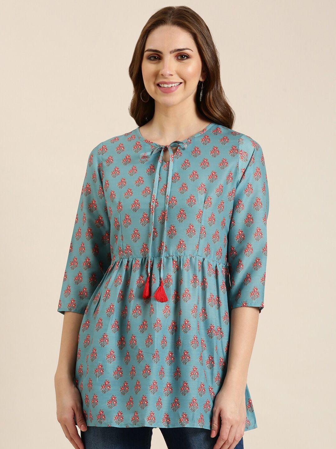 showoff floral printed tie-up neck a-line kurti