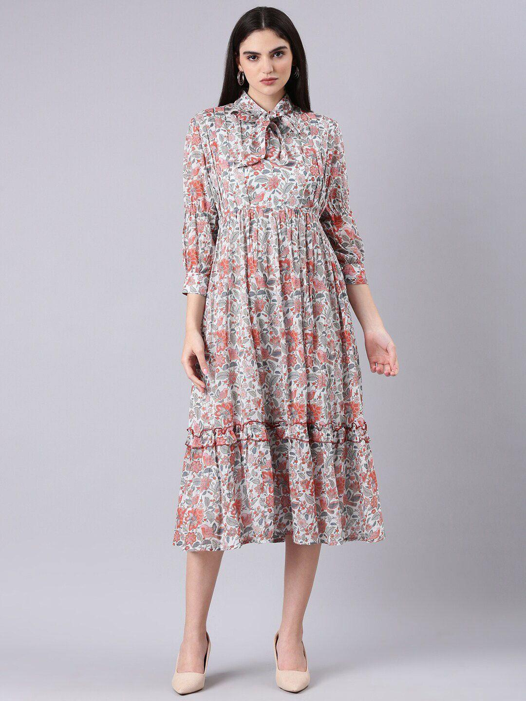 showoff floral printed tie-up neck puff sleeve tiered fit & flare midi dress