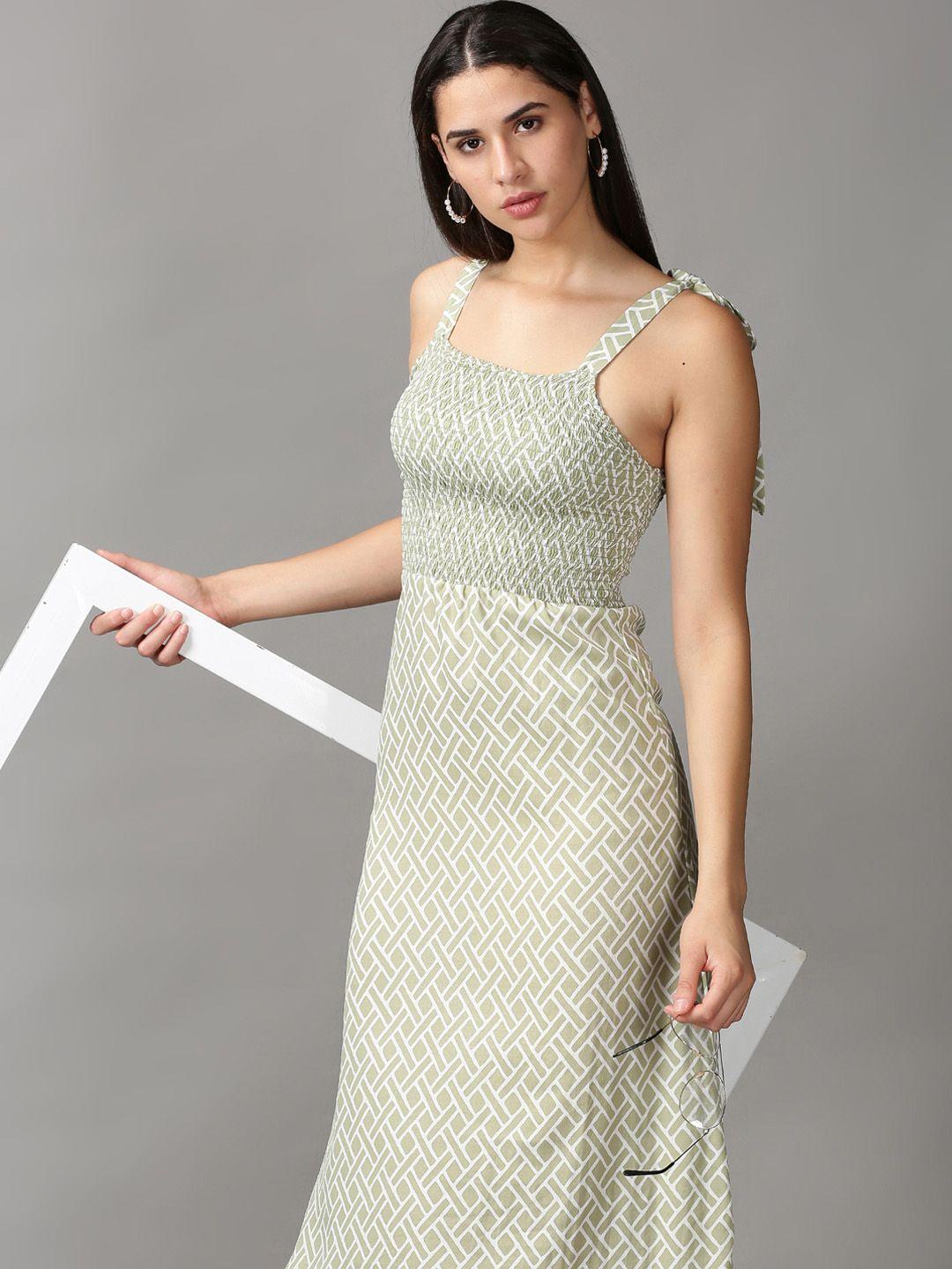 showoff green & white geometric crepe sheath dress
