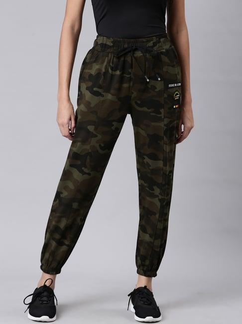 showoff green cotton blend camo print mid rise joggers