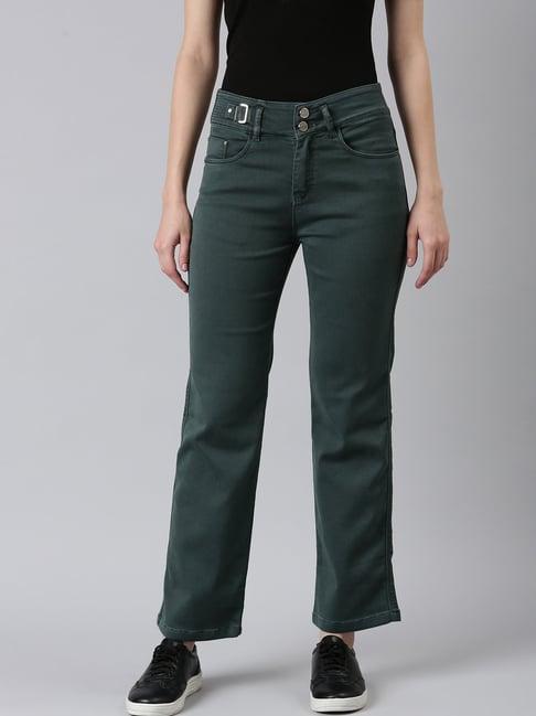 showoff green denim straight fit mid rise jeans