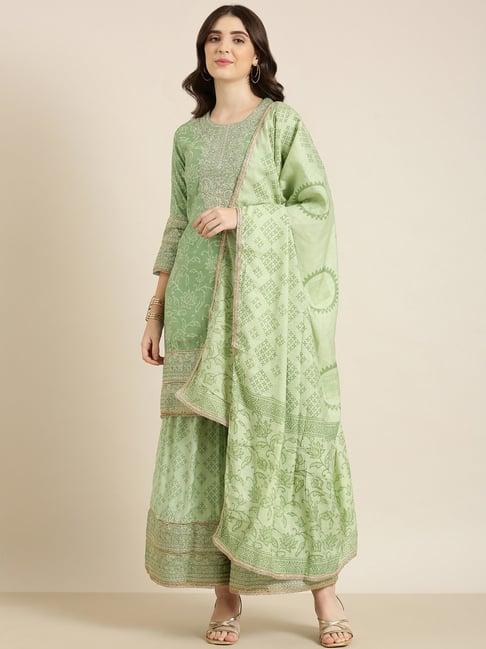 showoff green embroidered kurti with sharara & dupatta