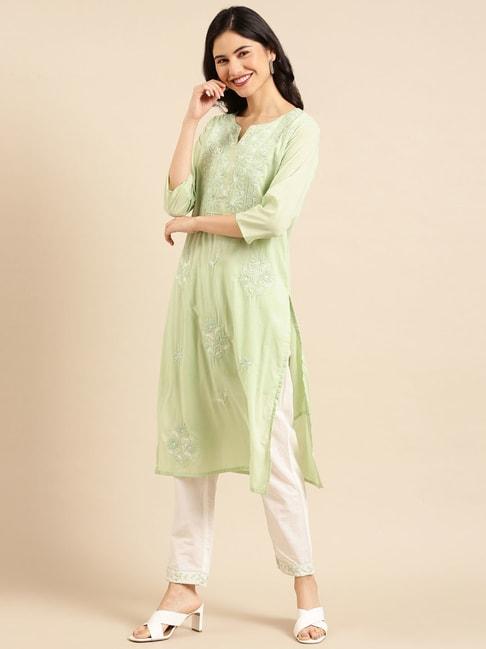 showoff green embroidered straight calf length kurta with pants & dupatta