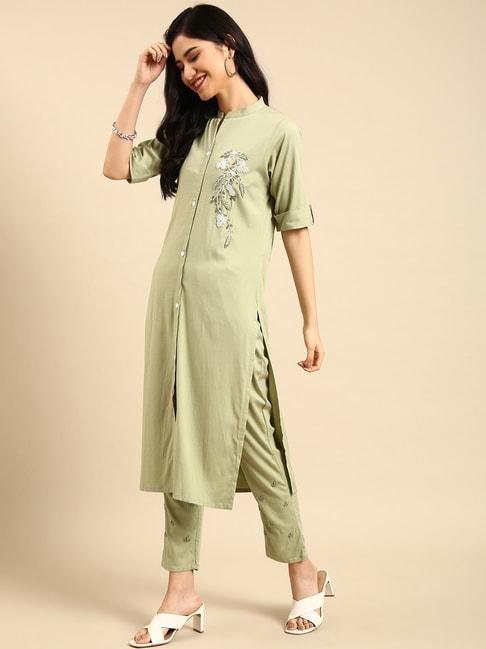 showoff green embroidered straight calf length kurta with pants