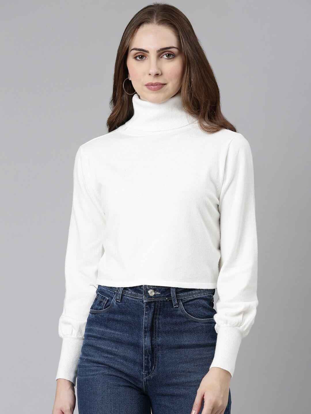 showoff high neck cuffed sleeves crop top