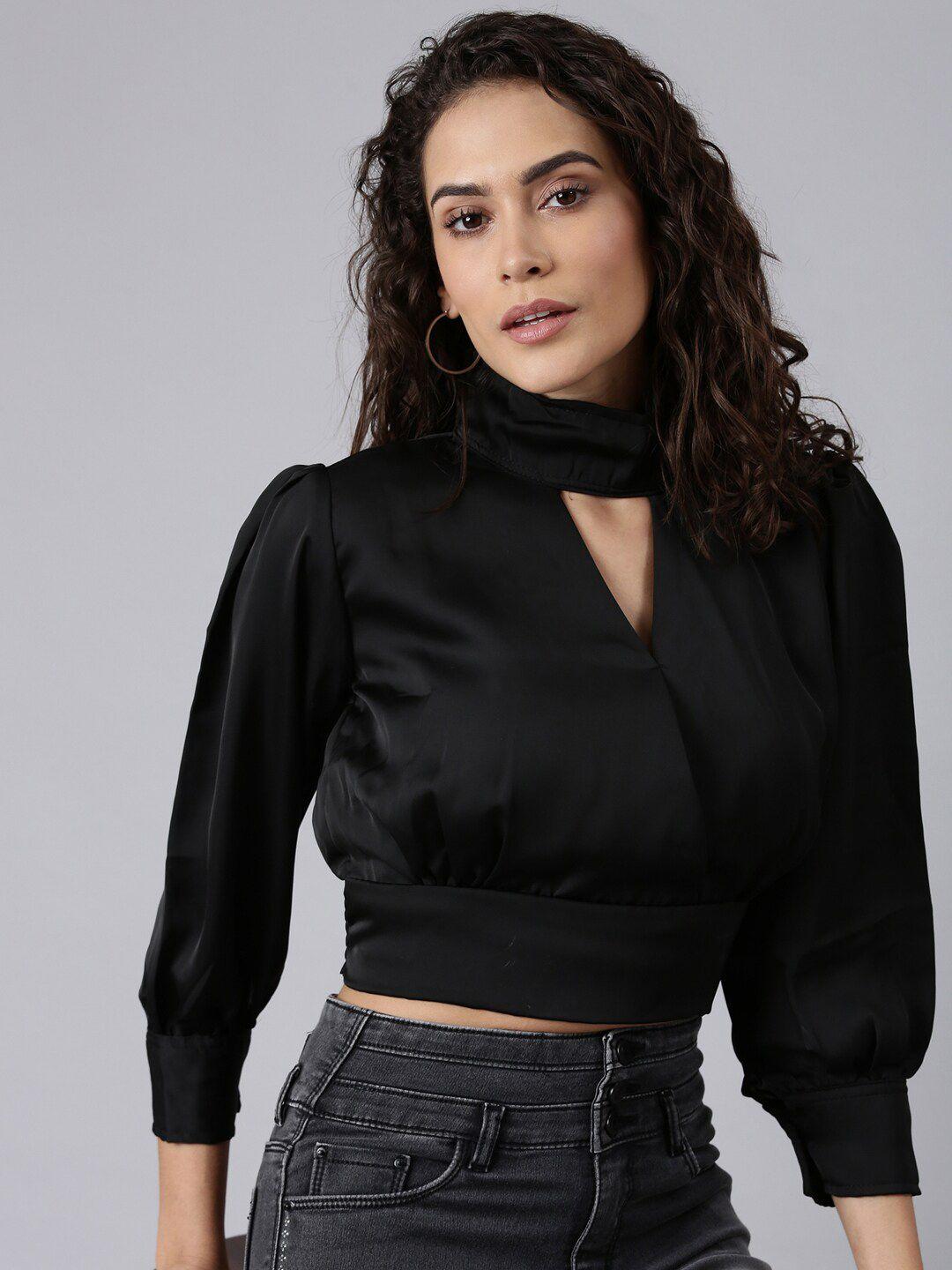 showoff high neck cuffed sleeves cut-outs blouson crop top