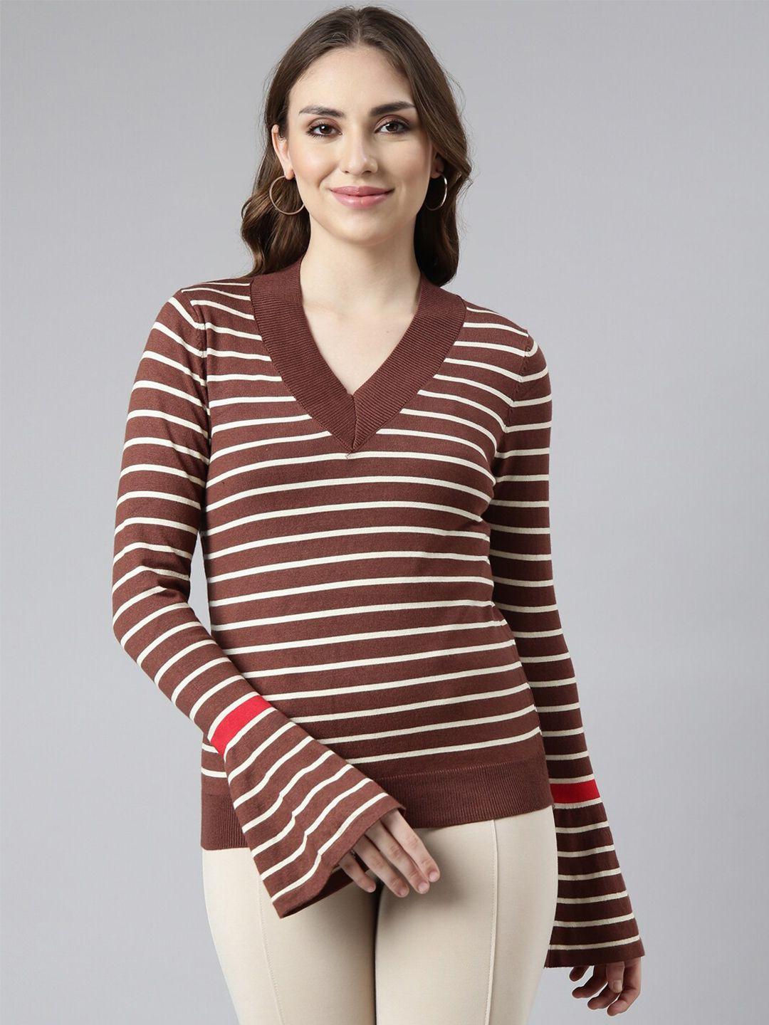 showoff horizontal stripes bell sleeves v-neck top