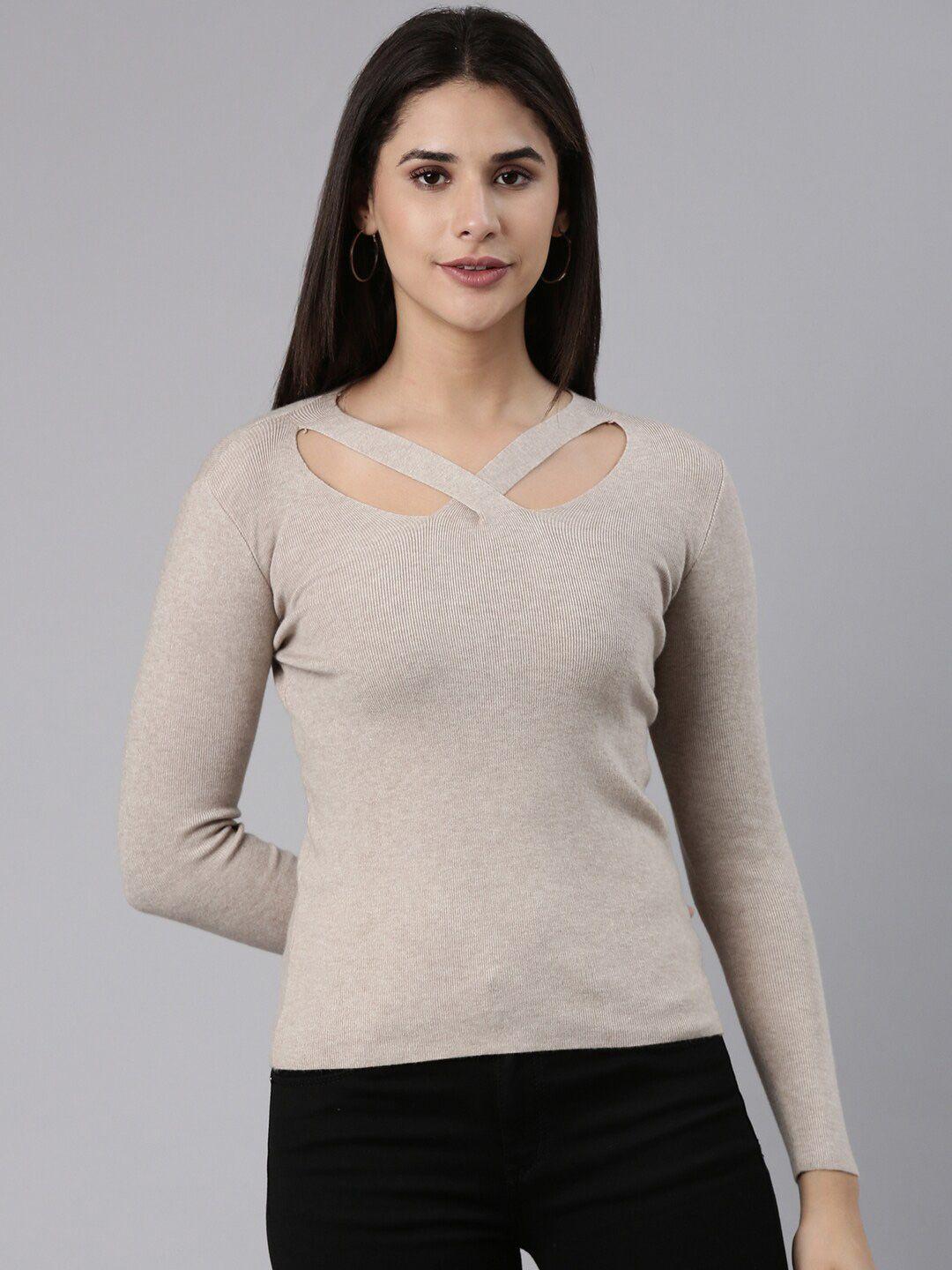 showoff long sleeves v-neck cut out detail fitted top