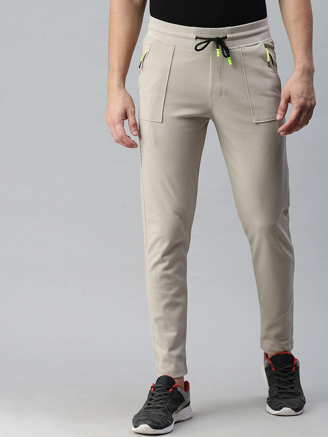 showoff men beige solid cotton slim-fit track pants