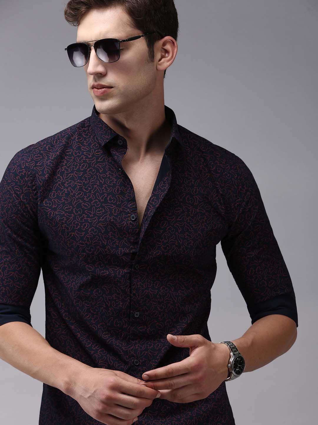 showoff men black comfort conversational printed cotton casual shirt