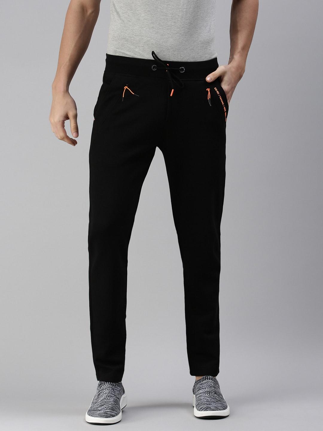 showoff men black solid straight-fit cotton track pants