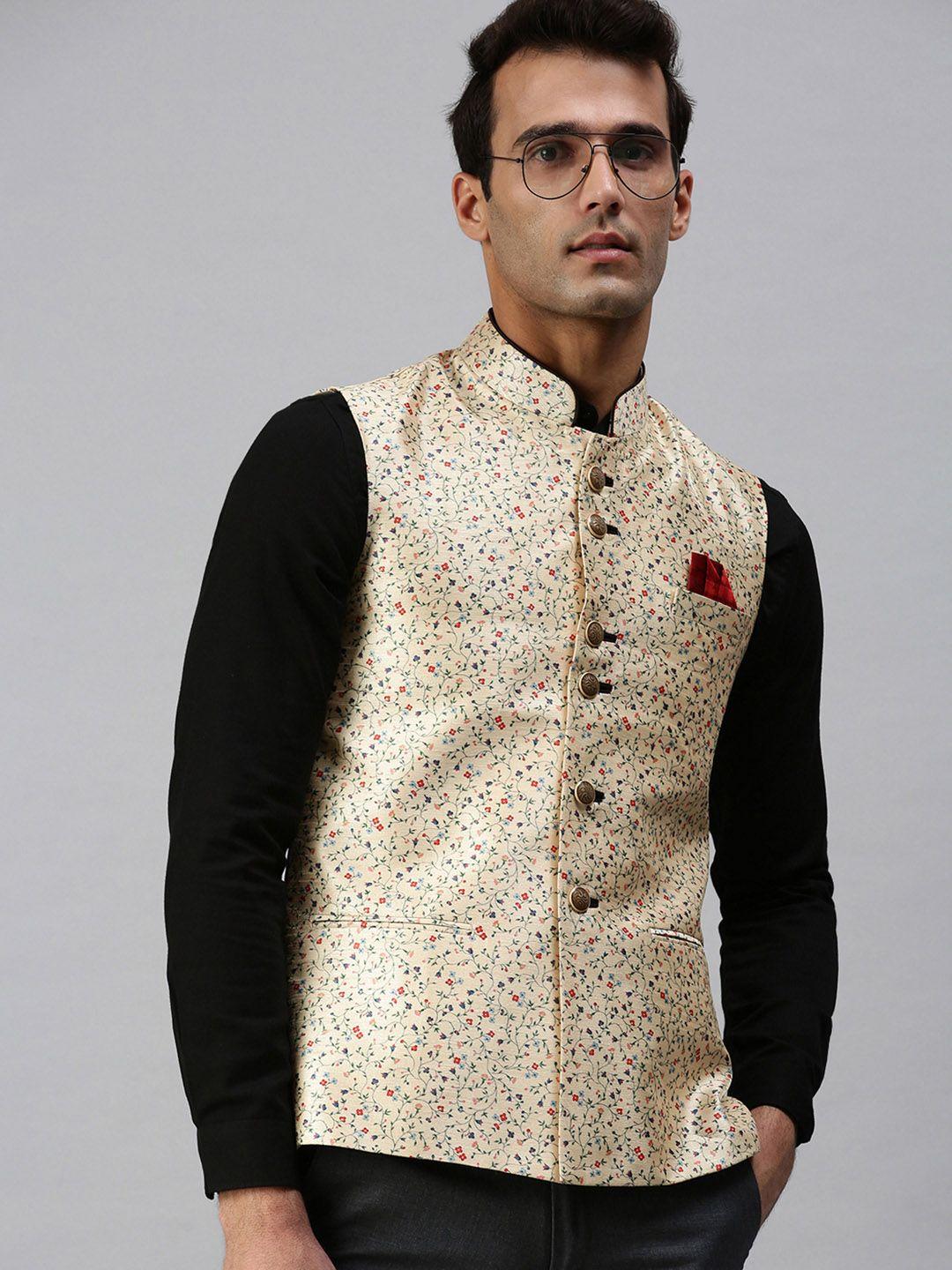 showoff men cream-coloured & red printed nehru jackets with pocket square