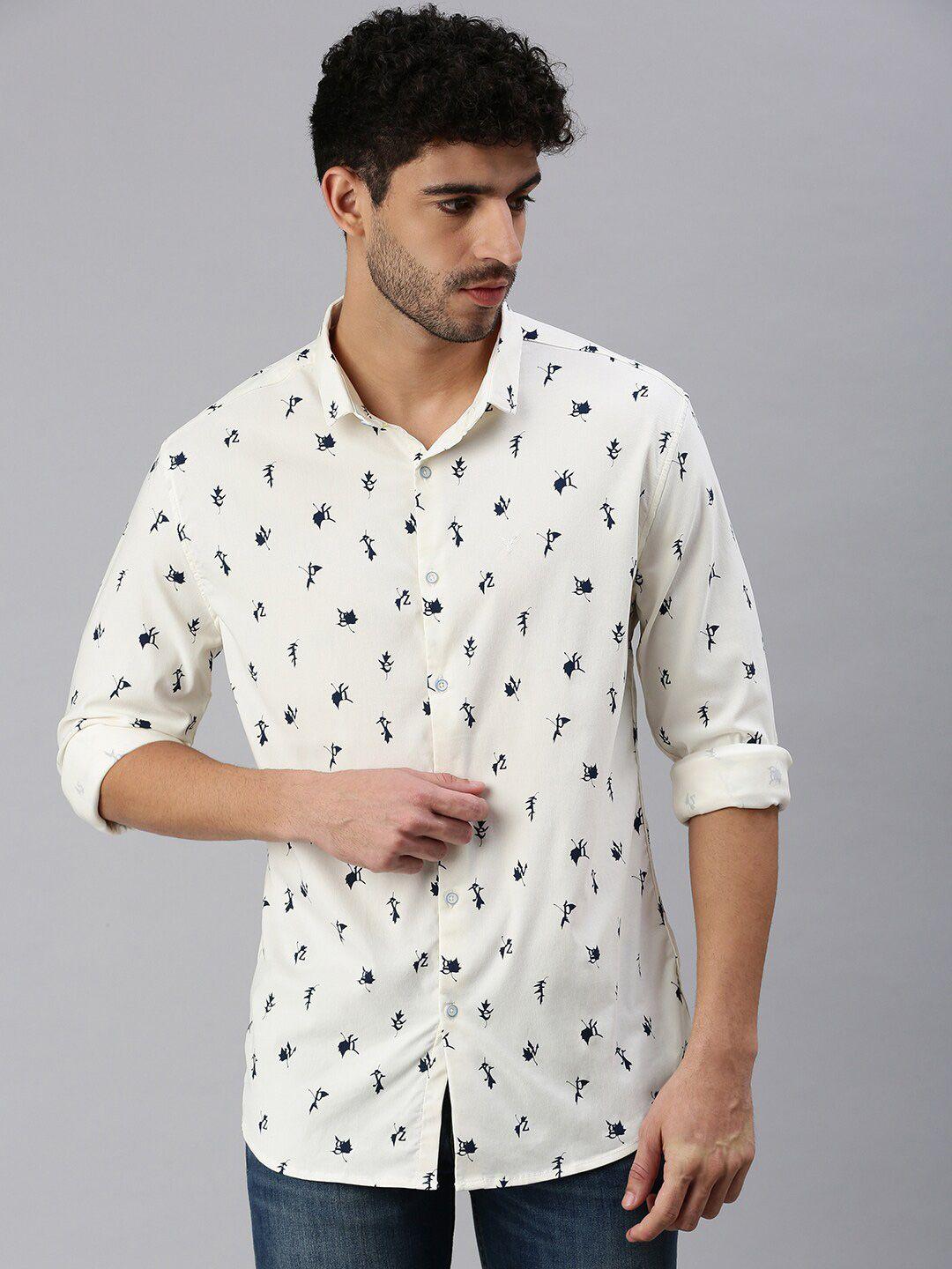 showoff men cream-coloured comfort printed casual shirt