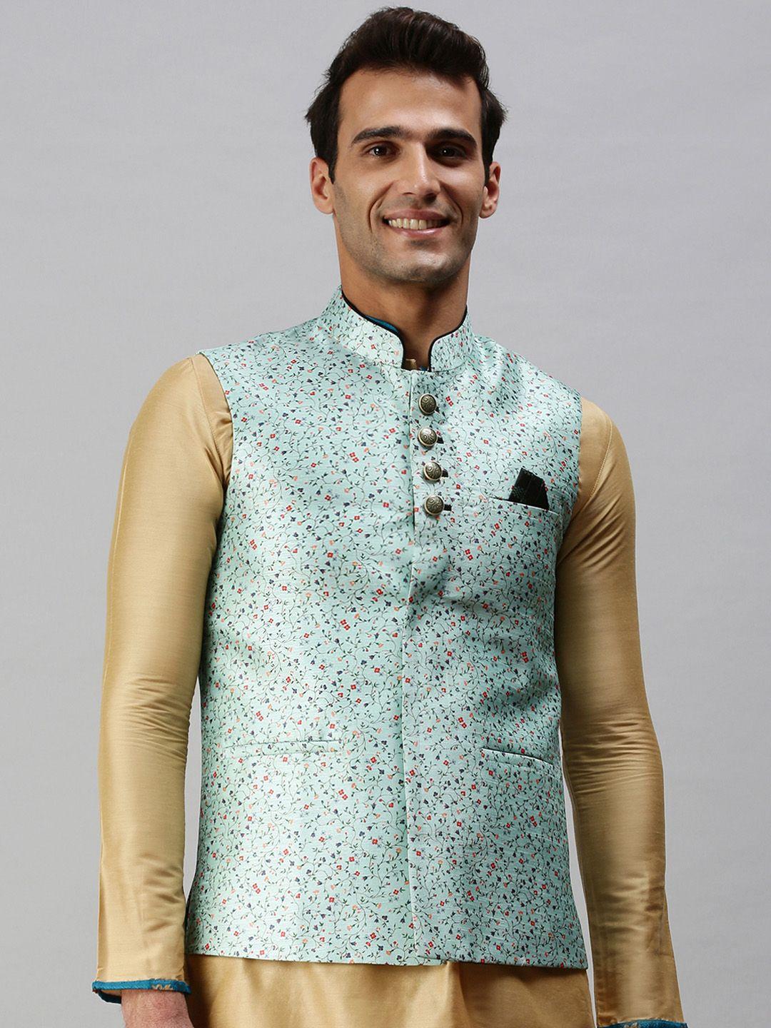 showoff men green & red printed nehru jackets with pocket square