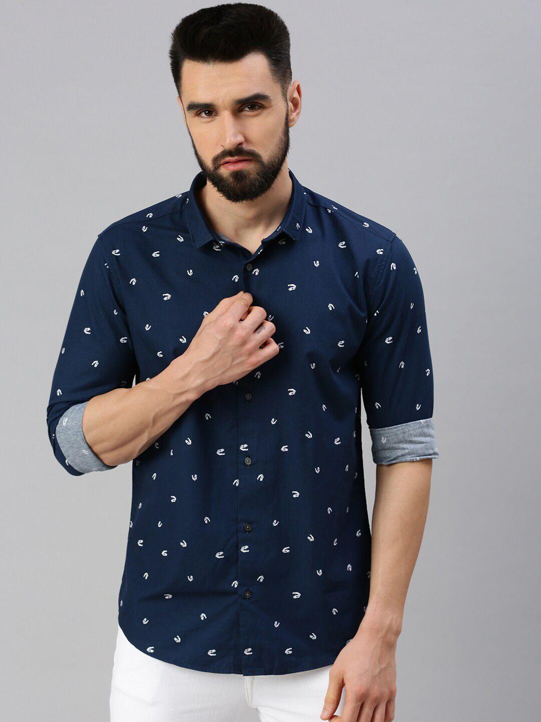 showoff men navy blue comfort printed casual shirt