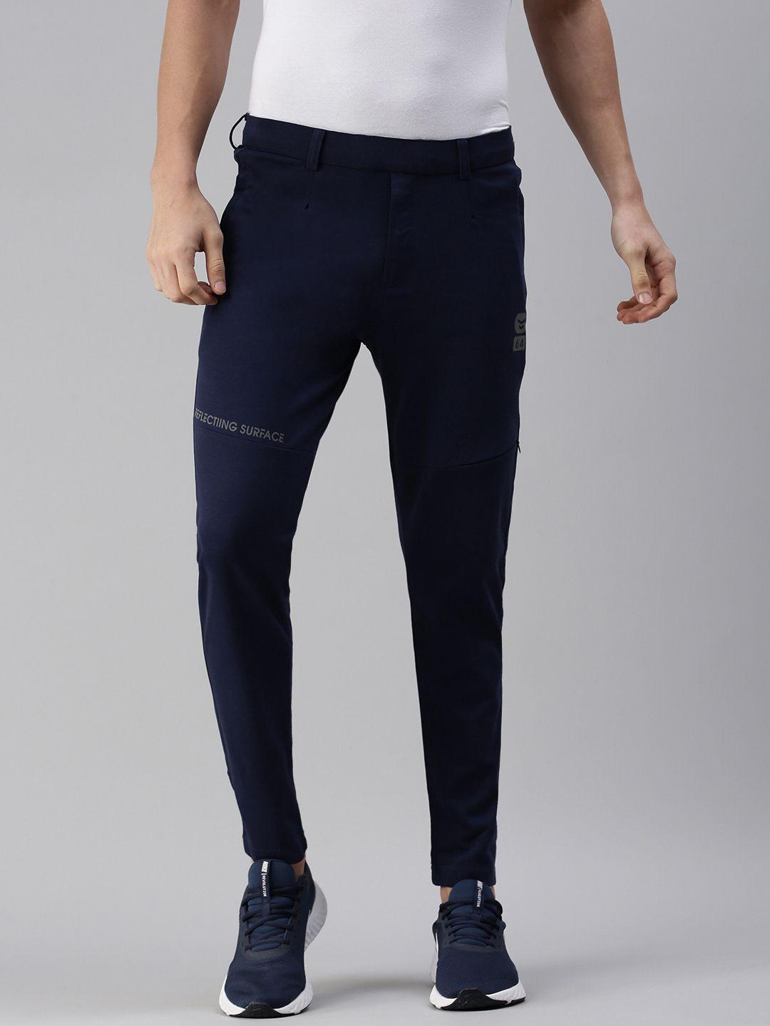 showoff men navy blue solid cotton slim-fit track pants