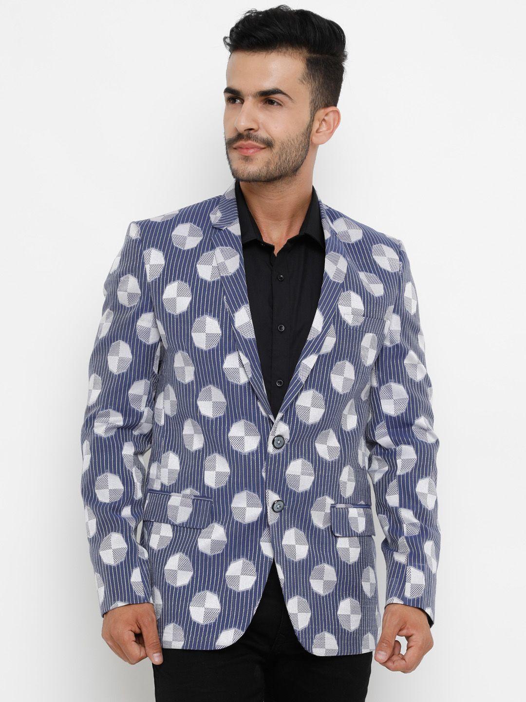 showoff men off-white & blue printed slim fit party blazer