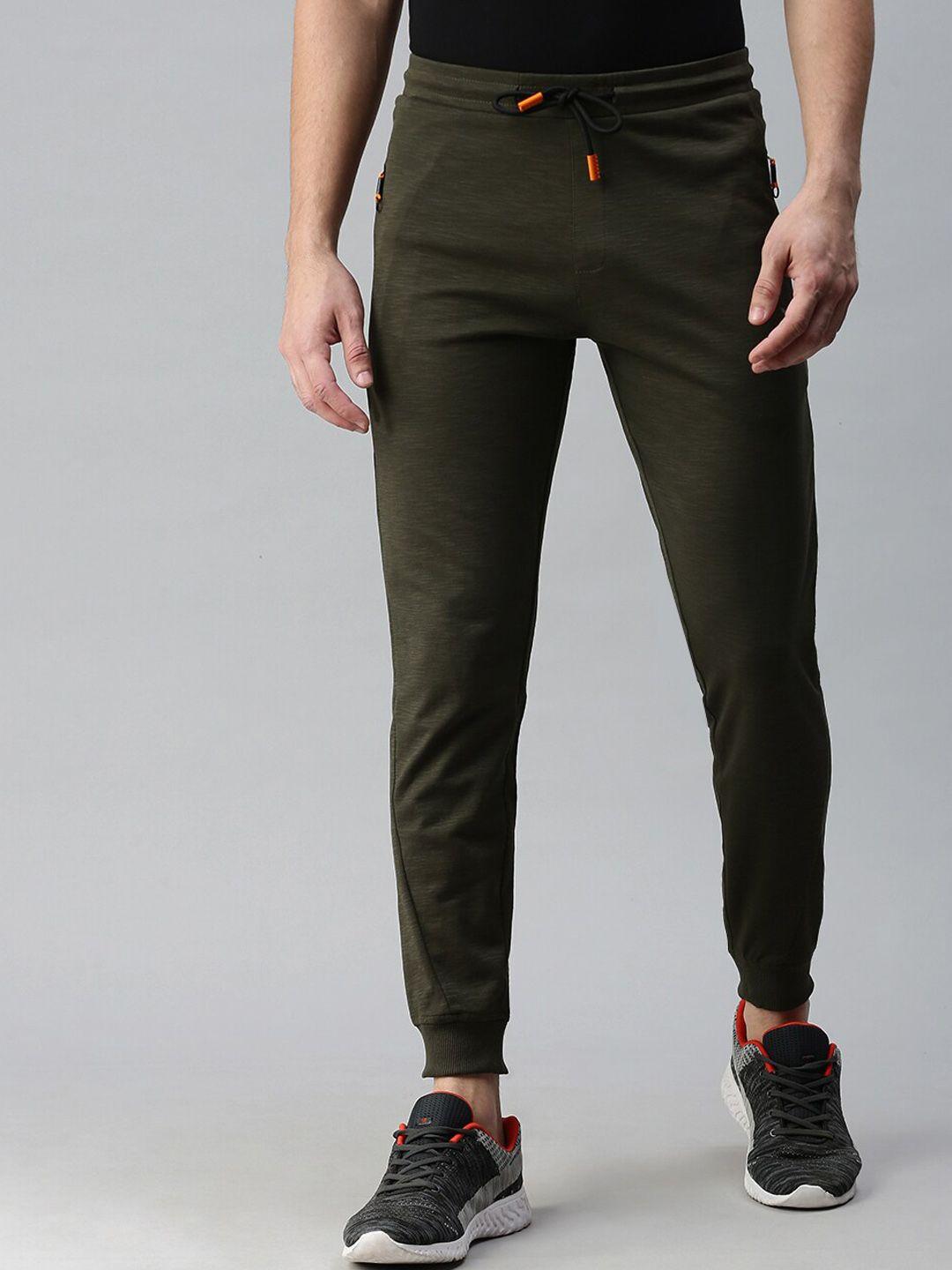 showoff men olive green solid slim-fit cotton track pants