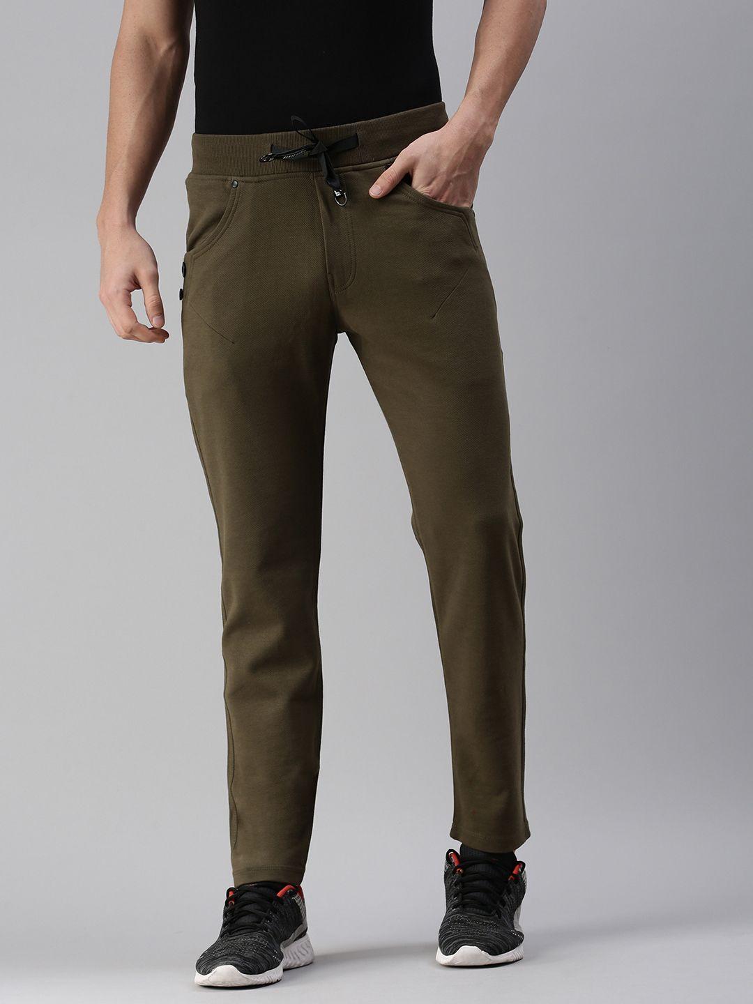 showoff men olive-green solid cotton straight-fit track pant