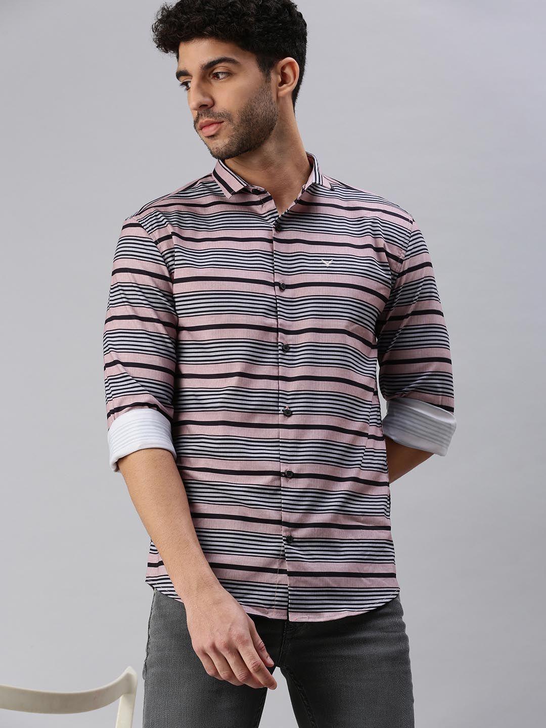 showoff men peach-coloured comfort horizontal striped pure cotton casual shirt