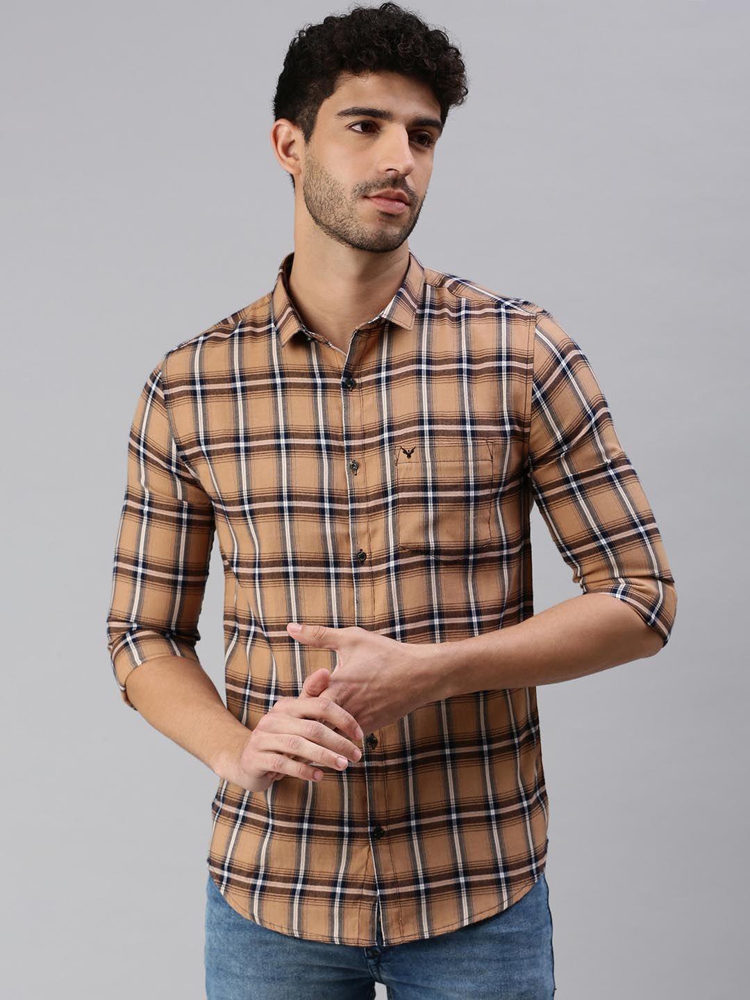 showoff men tan comfort tartan checks checked casual shirt